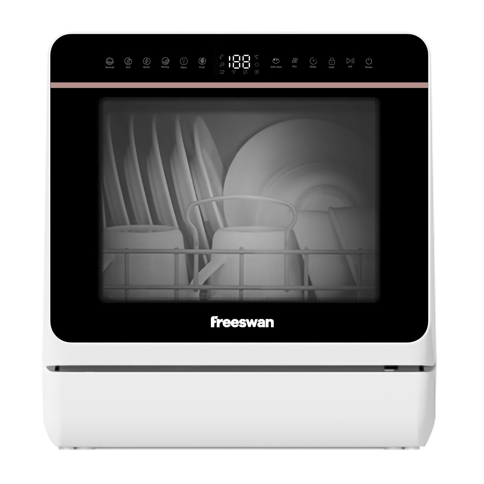 Freeswan Countertop Dishwasher,5 Washing Programs Portable Mini Dishwasher  , 360° Dual Spray, High-Temp& Air-Dry Function for Home, Dorms, RVs, LED Light, Glass Door, No Hookup Needed