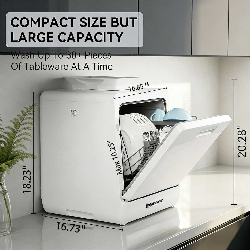 Freeswan Portable Mini Dishwasher Countertop,5L Built-in Water Tank for Apartments & RV,8 Wash Programs with Baby Care with Baby Care, Air Dry/Quick/ECO/Fruit/Normal Mode