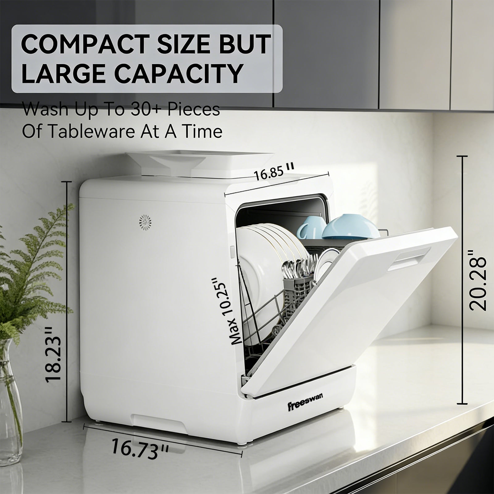 Freeswan  Portable Countertop Dishwasher , 5L Built-in Water Tank for Apartments & RV,Ultra-Slim Dishwasher Upgrade 3 Spray Arms, Air Dry/Quick/ECO/Fruit/Normal Mode