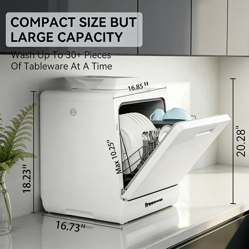 Freeswan  Portable Countertop Dishwasher , 5L Built-in Water Tank for Apartments & RV,Ultra-Slim Dishwasher Upgrade 3 Spray Arms, Air Dry/Quick/ECO/Fruit/Normal Mode