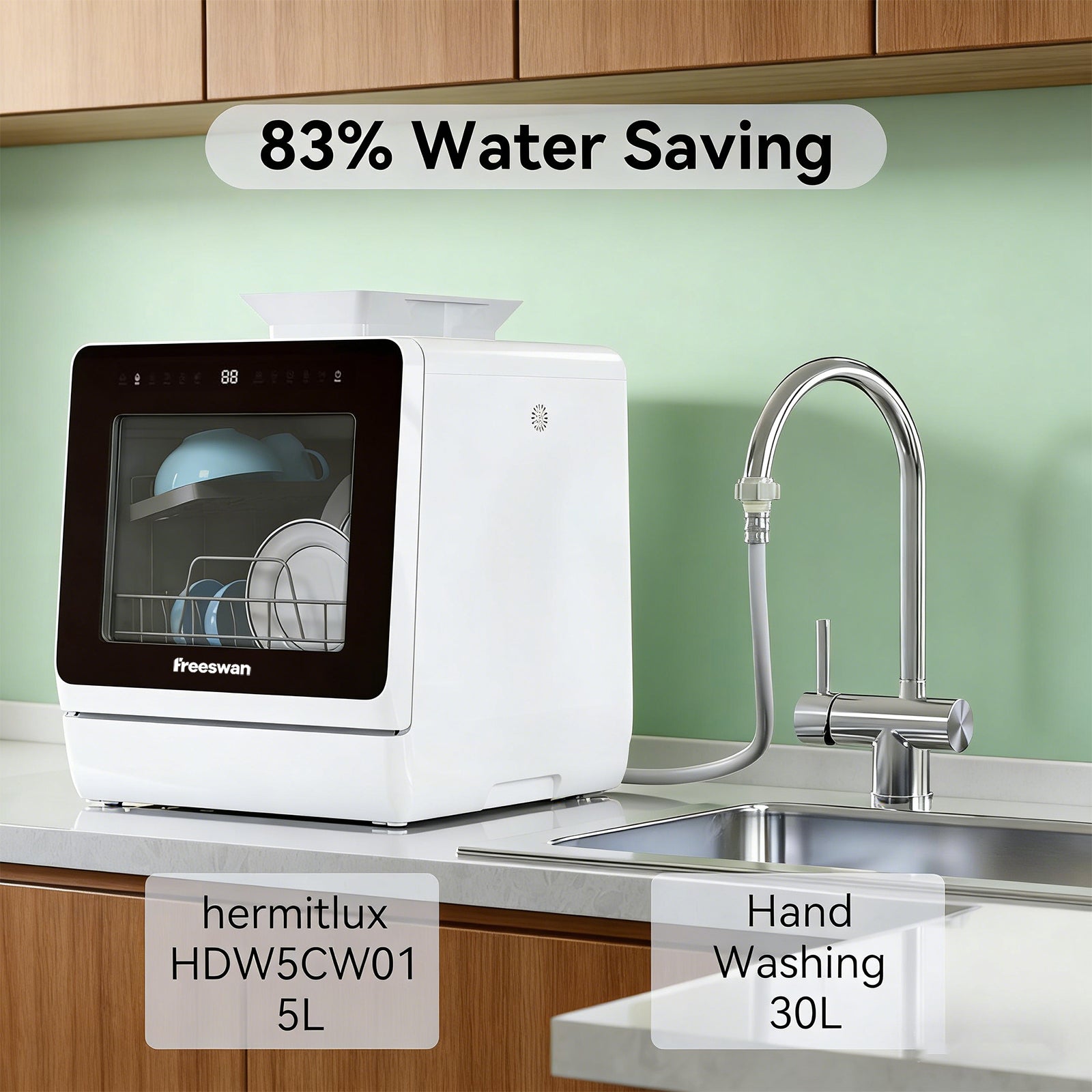 Freeswan  Portable Countertop Dishwasher , 5L Built-in Water Tank for Apartments & RV,Ultra-Slim Dishwasher Upgrade 3 Spray Arms, Air Dry/Quick/ECO/Fruit/Normal Mode
