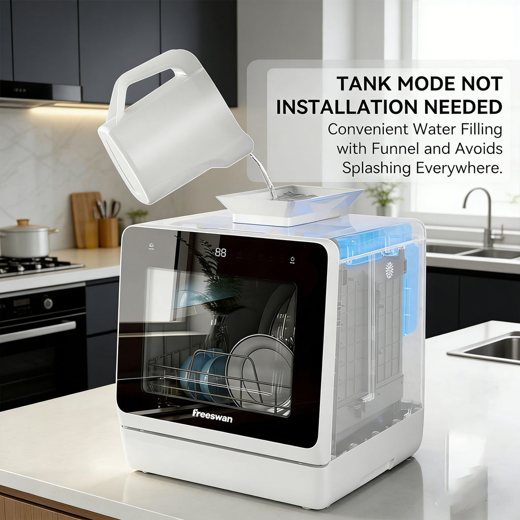 Freeswan Portable Mini Dishwasher Countertop,5L Built-in Water Tank for Apartments & RV,8 Wash Programs with Baby Care with Baby Care, Air Dry/Quick/ECO/Fruit/Normal Mode