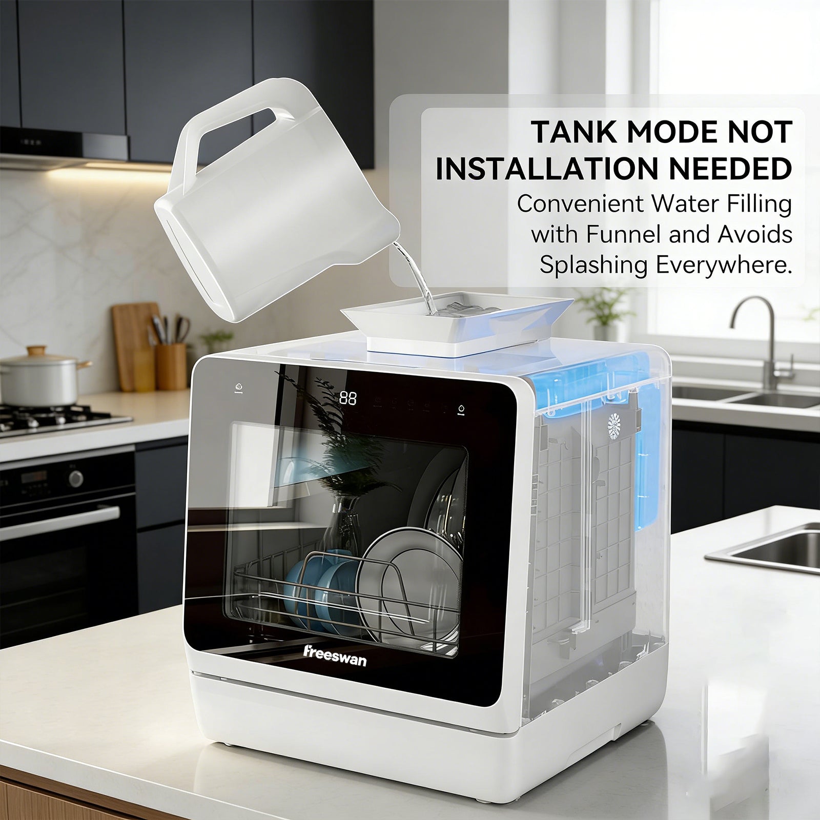 Freeswan Portable Mini Dishwasher Countertop,5L Built-in Water Tank for Apartments & RV,8 Wash Programs with Baby Care with Baby Care, Air Dry/Quick/ECO/Fruit/Normal Mode