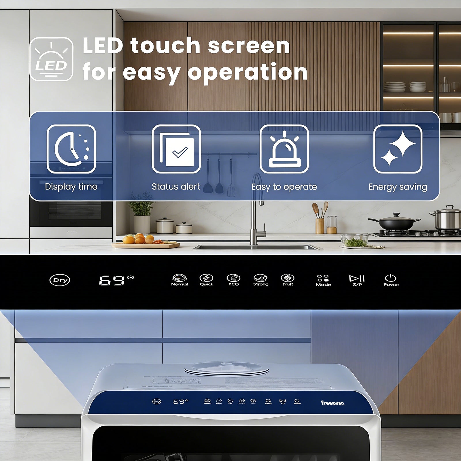 Freeswan Countertop Dishwasher Portable with 6 Programs, 5L Built-in Water Tank for Apartments &amp; RV, 167℉ High-Temp, No Hookup Needed, Mini Dishwasher with Baby Care, Air Dry/Quick/ECO/Fruit/Normal Mode