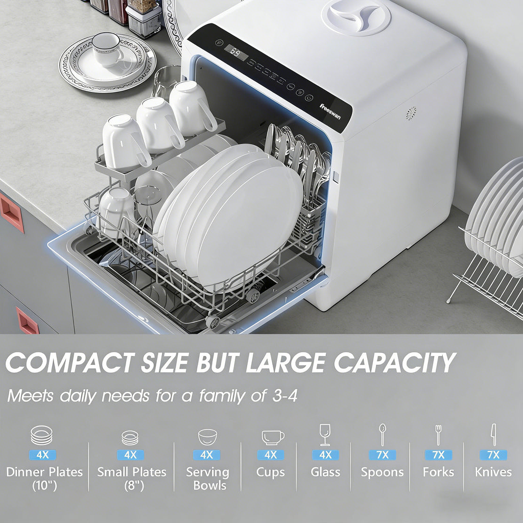 Freeswan Portable Mini Dishwasher Countertop,5L Built-in Water Tank for Apartments &amp; RV,8 Wash Programs with Baby Care with Baby Care, Air Dry/Quick/ECO/Fruit/Normal Mode