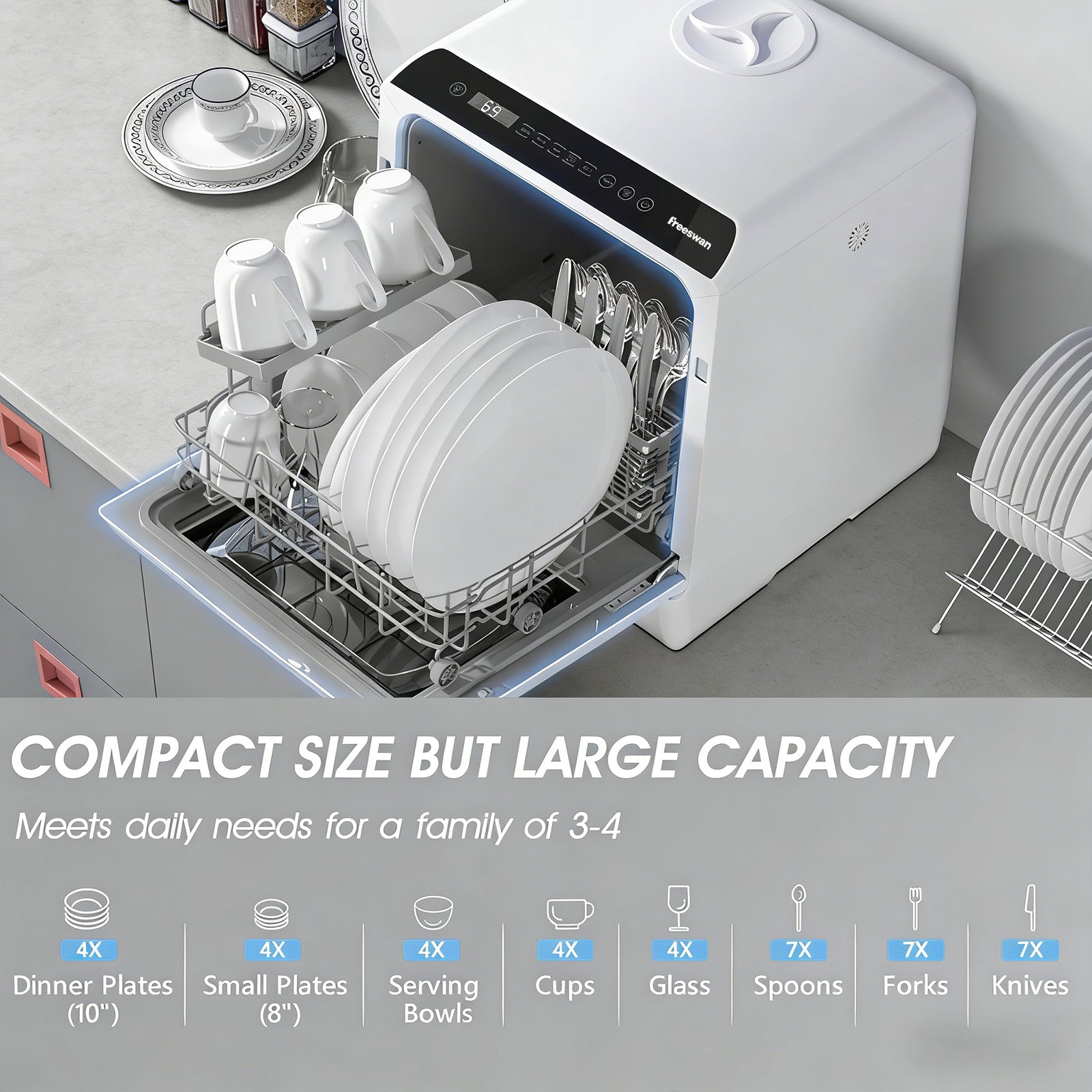Freeswan Portable Mini Dishwasher Countertop,5L Built-in Water Tank for Apartments &amp; RV,8 Wash Programs with Baby Care with Baby Care, Air Dry/Quick/ECO/Fruit/Normal Mode