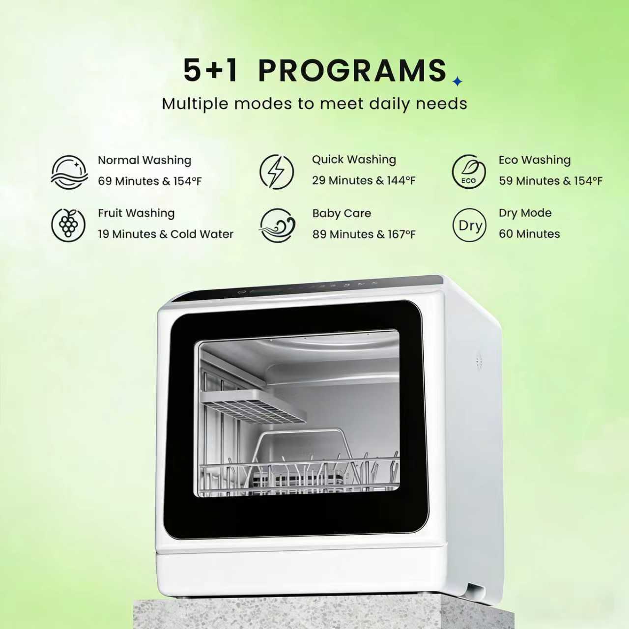 Freeswan Countertop Dishwasher Portable with 6 Programs, 5L Built-in Water Tank for Apartments &amp; RV, 167℉ High-Temp, No Hookup Needed, Mini Dishwasher with Baby Care, Air Dry/Quick/ECO/Fruit/Normal Mode
