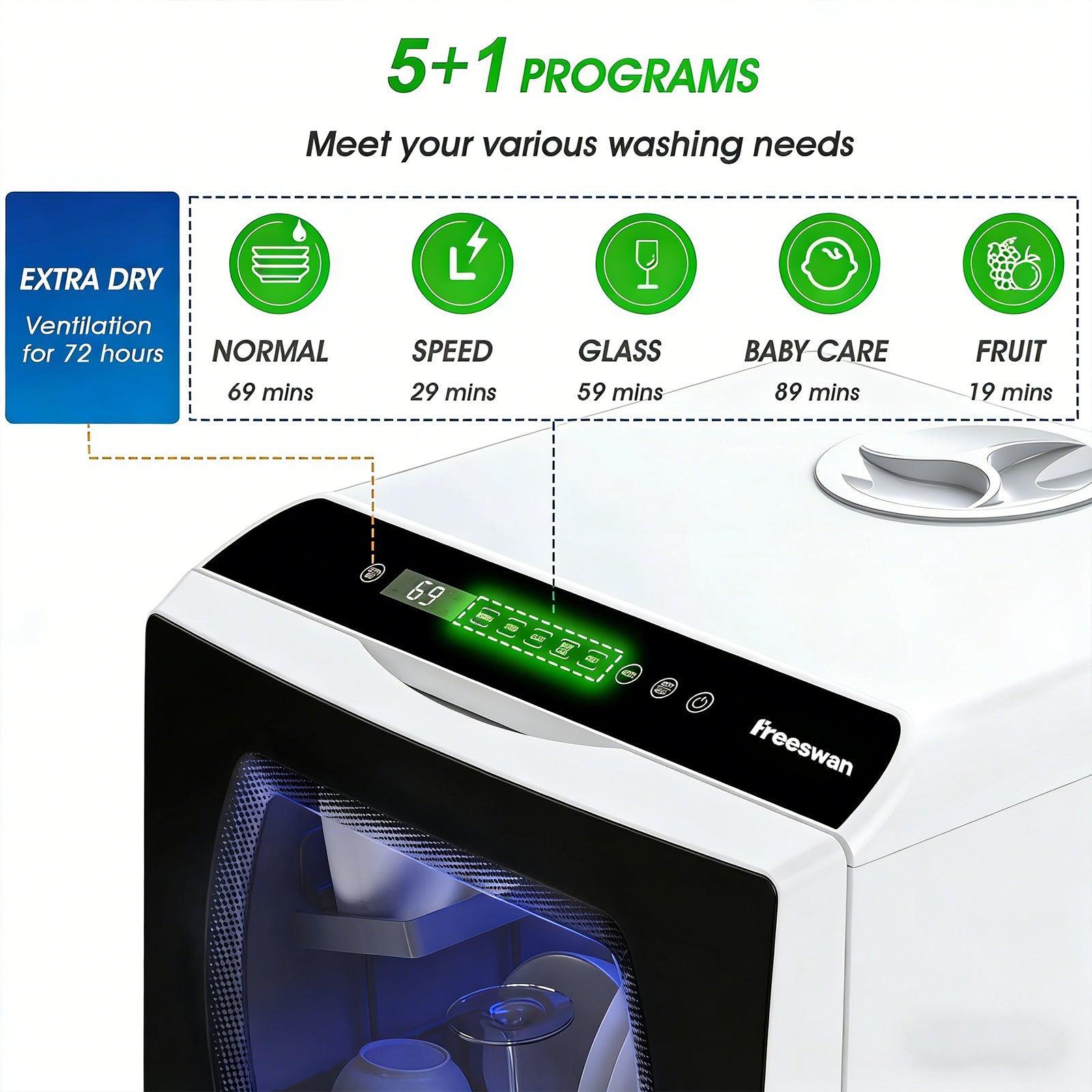 Freeswan Portable Mini Dishwasher Countertop,5L Built-in Water Tank for Apartments &amp; RV,8 Wash Programs with Baby Care with Baby Care, Air Dry/Quick/ECO/Fruit/Normal Mode
