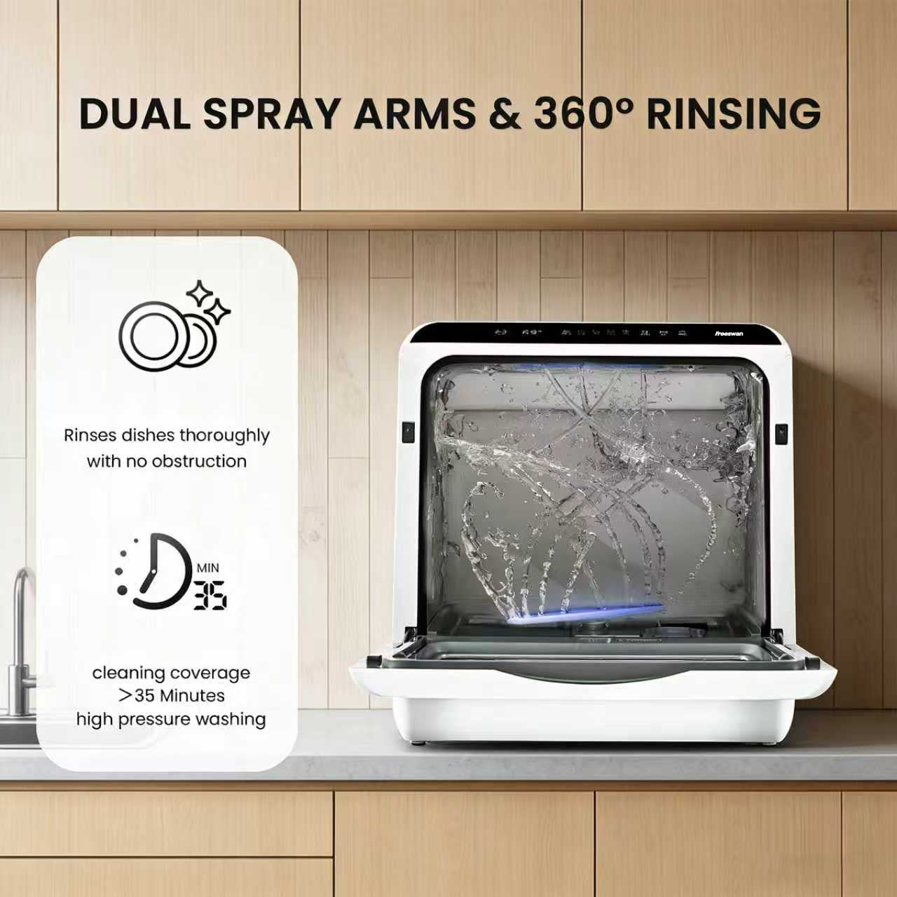Freeswan Countertop Dishwasher Portable with 6 Programs, 5L Built-in Water Tank for Apartments &amp; RV, 167℉ High-Temp, No Hookup Needed, Mini Dishwasher with Baby Care, Air Dry/Quick/ECO/Fruit/Normal Mode