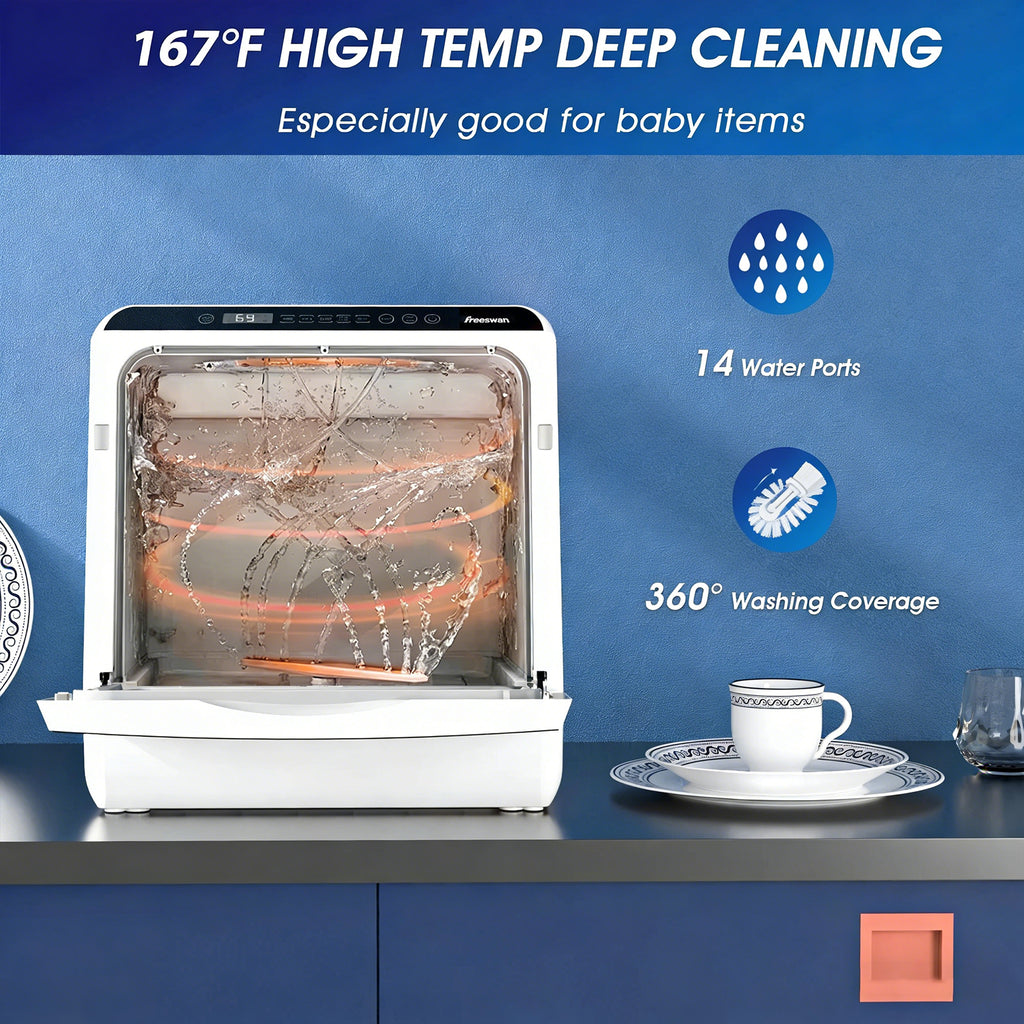 Freeswan Portable Mini Dishwasher Countertop,5L Built-in Water Tank for Apartments &amp; RV,8 Wash Programs with Baby Care with Baby Care, Air Dry/Quick/ECO/Fruit/Normal Mode