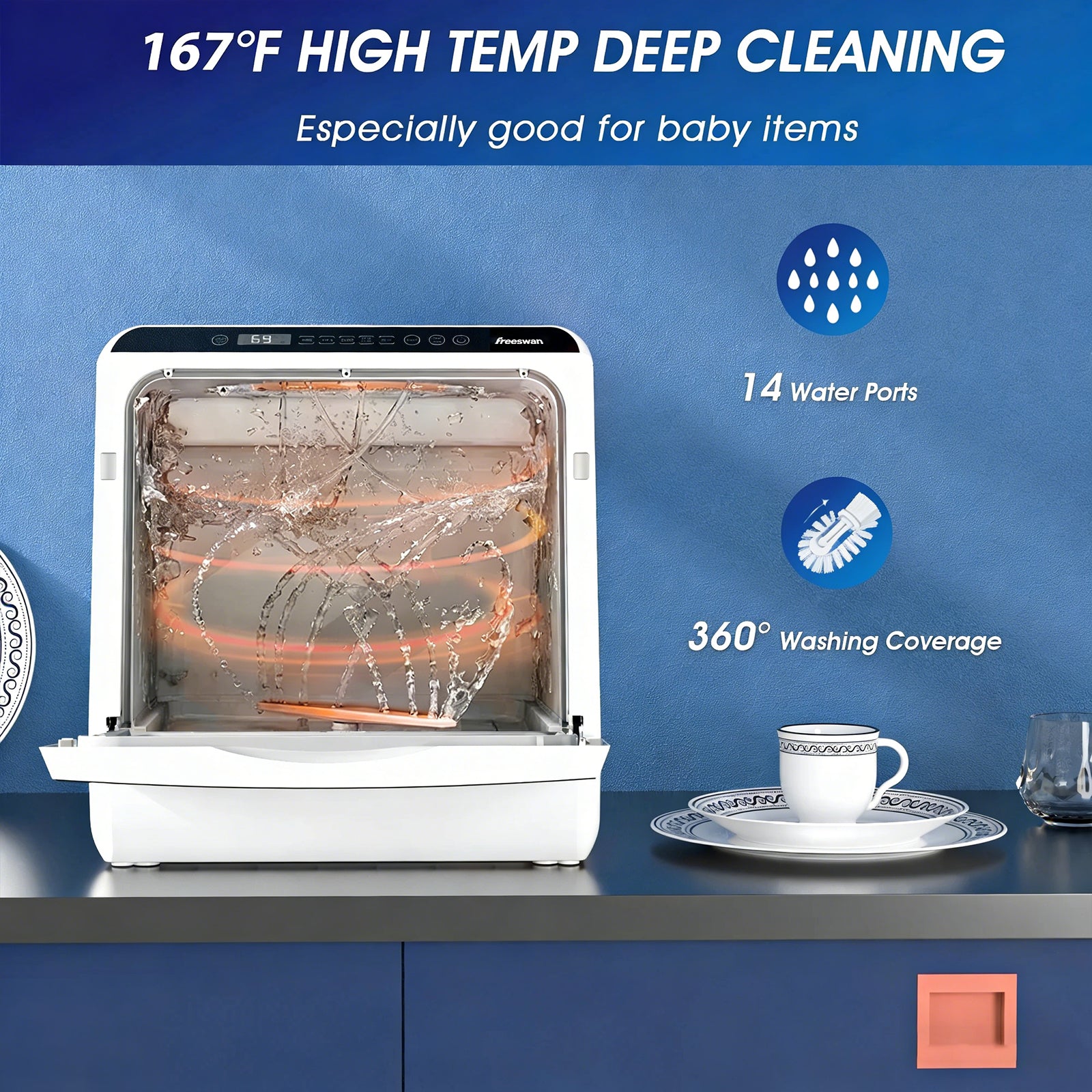 Freeswan Portable Mini Dishwasher Countertop,5L Built-in Water Tank for Apartments &amp; RV,8 Wash Programs with Baby Care with Baby Care, Air Dry/Quick/ECO/Fruit/Normal Mode