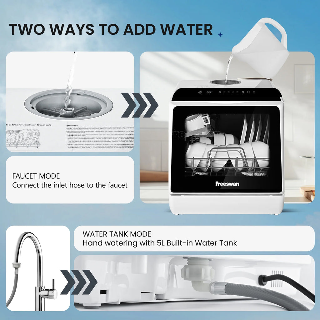 Freeswan Countertop Dishwasher Portable with 6 Programs, 5L Built-in Water Tank for Apartments &amp; RV, 167℉ High-Temp, No Hookup Needed, Mini Dishwasher with Baby Care, Air Dry/Quick/ECO/Fruit/Normal Mode