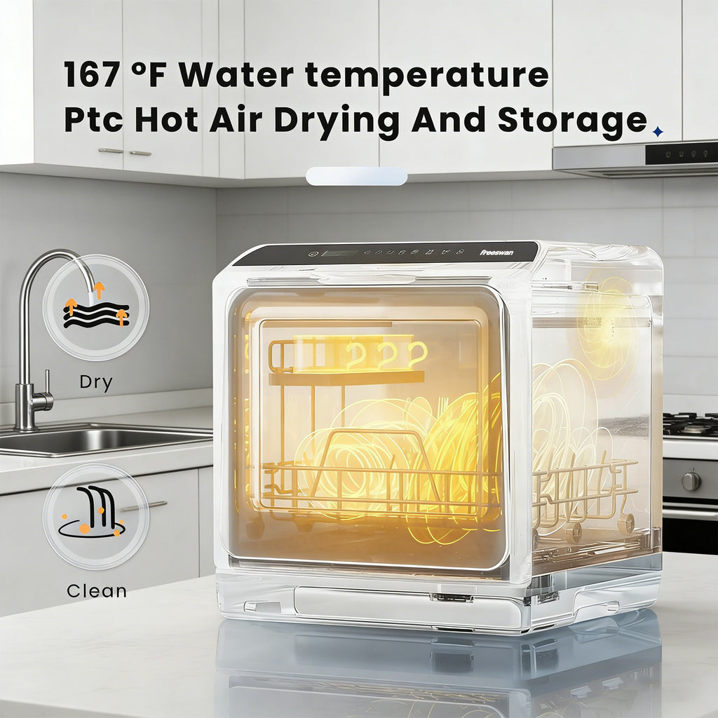 Freeswan Countertop Dishwasher Portable with 6 Programs, 5L Built-in Water Tank for Apartments &amp; RV, 167℉ High-Temp, No Hookup Needed, Mini Dishwasher with Baby Care, Air Dry/Quick/ECO/Fruit/Normal Mode